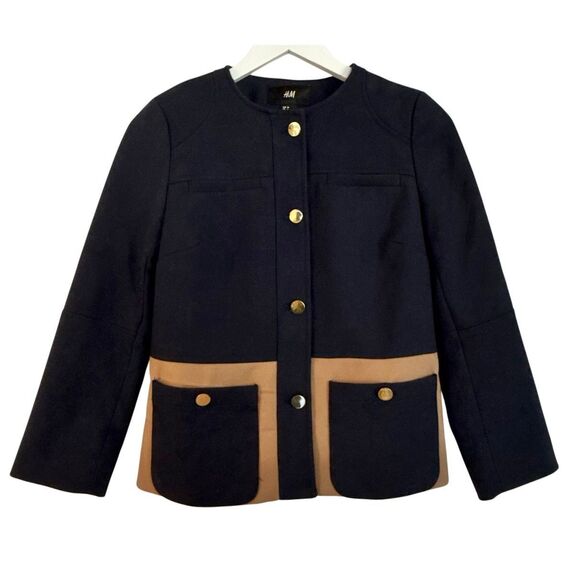 H&M navy colorblock lady blazer size 6 gold button - Picture 1 of 8